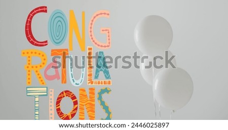 Image of congratulations text over party white balloons in background. Birthday party, party, festivity and celebration concept digitally generated image.