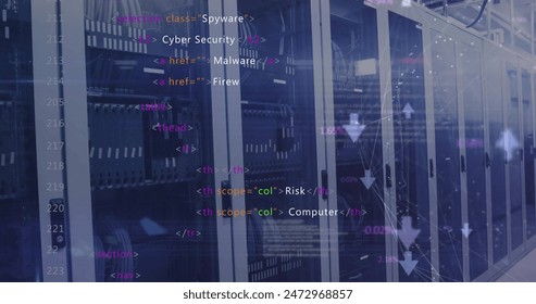 Image of connected arrows and computer language over data server racks in server room. Digital composite, multiple exposure, communication, coding, programming language, data center, technology.