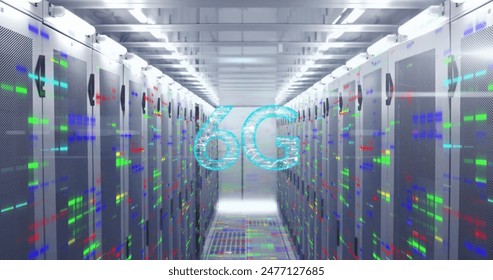 Image of connected dots in 6g text over bars on data server systems in server room. Digital composite, multiple exposure, telecommunication, data center, networking, technology, network server. - Powered by Shutterstock