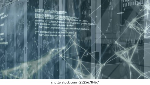 Image of connected dots and computer language over server room in background. Digital composite, multiple exposure, communication, coding, networking, technology and network server concept.
