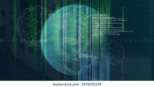 Image of connected dots forming globes, computer language, graphs over data server racks. Digital composite, multiple exposure, globalization, network security, report, technology, data center.