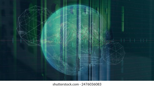 Image of connected dots forming globes, computer language, graphs over data server racks. Digital composite, multiple exposure, globalization, network security, report, technology, data center.