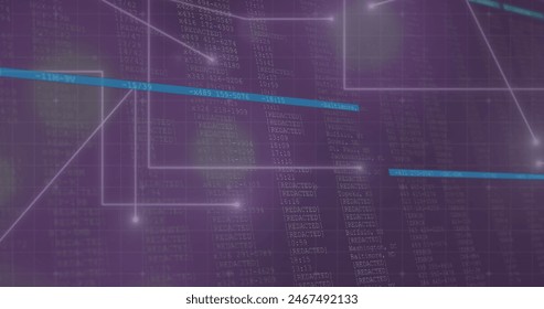 Image of connected dots and lens flares with programming language. Digitally generated, hologram, data processing, coding, networking, telecommuting and technology concept.