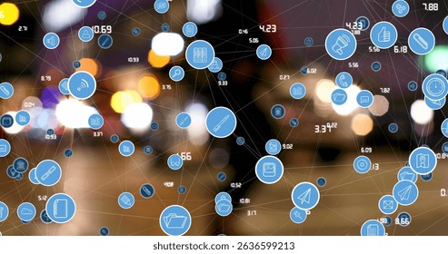 Image of connected media and social network icons and processing data over city street at night. Global communication, social media, travel and digital interface concept digitally generated image.