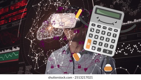 Image of connections, data and calculator over caucasian man in vr headset. Data processing, connections, school and technology concept digitally generated image.