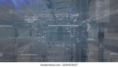 Image of connections and data over servers. Network, connections, communication, data processing and technology concept digitally generated image.