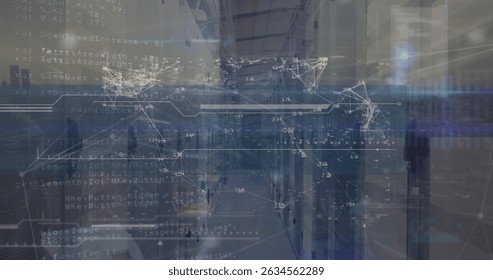 Image of connections and data over servers. Network, connections, communication, data processing and technology concept digitally generated image.
