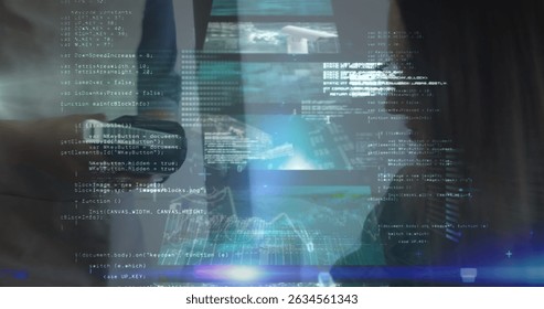 Image of connections, data processing and digital screens over woman using payment terminal. Business, finance and new technology concept digitally generated image.