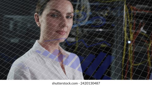 Image of connections and data processing over caucasian businesswoman in office. Global business, finances, computing and data processing concept digitally generated image.