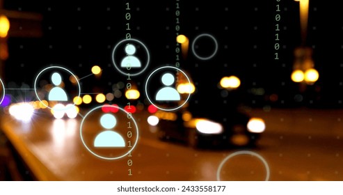 Image of connections and data processing over city. Global digital interface, cloud computing and data processing concept digitally generated image.