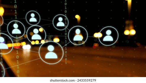 Image of connections and data processing over city. Global digital interface, cloud computing and data processing concept digitally generated image.