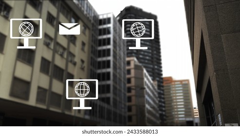 Image of connections and data processing over city. Global digital interface, cloud computing and data processing concept digitally generated image.