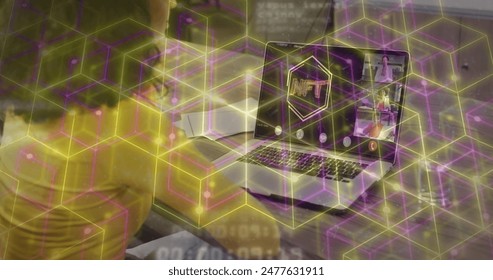 Image of connections and data processing over woman using laptop. global connections, business, finance, computing and data processing concept digitally generated image.