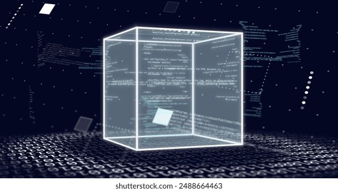 Image of connections and data processing over dark background. Global connections, computing and data processing concept digitally generated image.