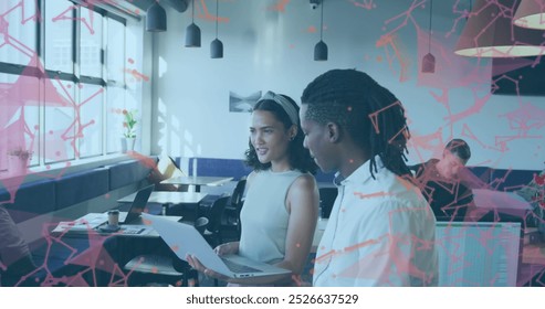 Image of connections and data processing over diverse business people in office. Global connections, business, finance, computing and data processing concept digitally generated image.