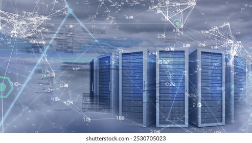 Image of connections and data processing over servers. Network, connections, communication, data processing and technology concept digitally generated image.