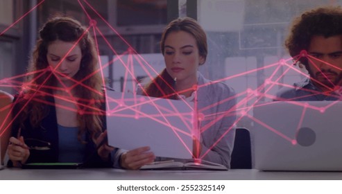 Image of connections and data processing over diverse business people in office. Global finance, business, connections, computing and data processing concept digitally generated image.