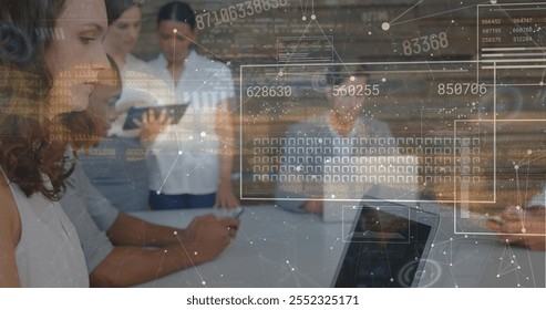 Image of connections and data processing over diverse business people in office. Global finance, business, connections, computing and data processing concept digitally generated image.