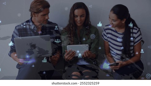 Image of connections and data processing over diverse business people in office. Global finance, business, connections, computing and data processing concept digitally generated image.