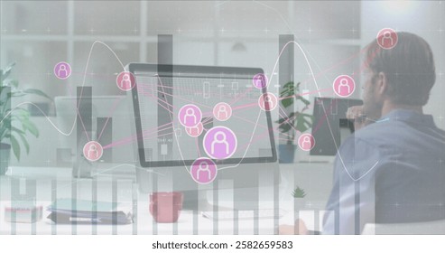 Image of connections and data processing over caucasian businessman with computer in office. Global finance, business, connections, computing and data processing concept digitally generated image.