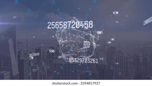 Image of connections and data processing over cityscape. Global finance, business, connections, computing and data processing concept digitally generated image.