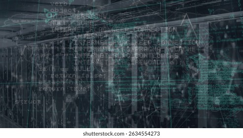 Image of connections and data processing over servers. Network, connections, communication, data processing and technology concept digitally generated image.