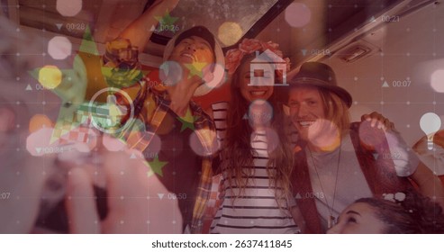 Image of connections and data processing over happy female connections working in warehouse. Global education digital interface technology and networking concept digitally generated image.