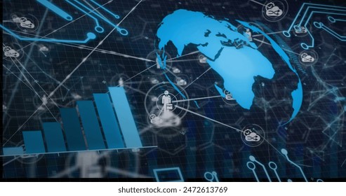 Image of connections and globe, data processing over black background. Global finance, business, connections, computing and data processing concept digitally generated image.