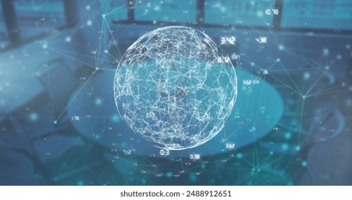 Image of connections with globe over office interior. Data processing, network, connections, business and technology concept digitally generated image.