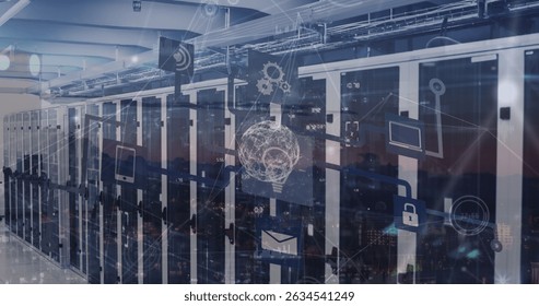 Image of connections and globe over servers. Network, connections, communication, data processing and technology concept digitally generated image.