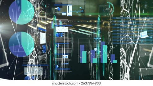 Image of connections and graphs over servers. Data processing, computers, network and technology concept digitally generated image.