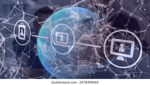 Image of connections with icons and data processing over business people. Global business, finance, computing and data processing concept digitally generated image.