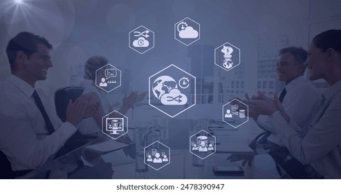 Image of connections with icons and data processing over business people. Global business, finance, computing and data processing concept digitally generated image.