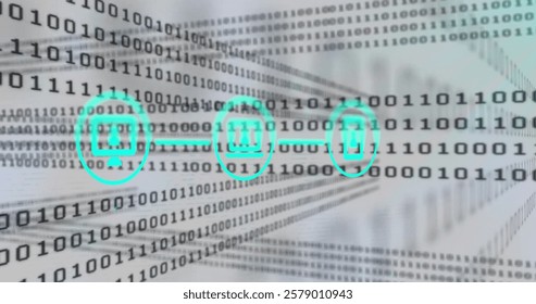 Image of connections with icons, digital data processing over binary coding. Global connections, computing and data processing concept digitally generated image.