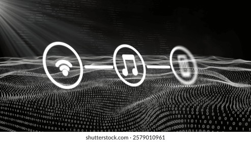 Image of connections with icons and digital data processing. Global connections, computing and data processing concept digitally generated image.