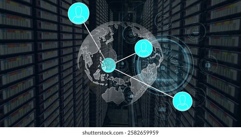 Image of connections with icons and digital data processing over computer servers. Global connections, computing and data processing concept digitally generated image.