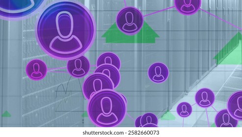 Image of connections with icons and digital data processing over computer servers. Global connections, computing and data processing concept digitally generated image.