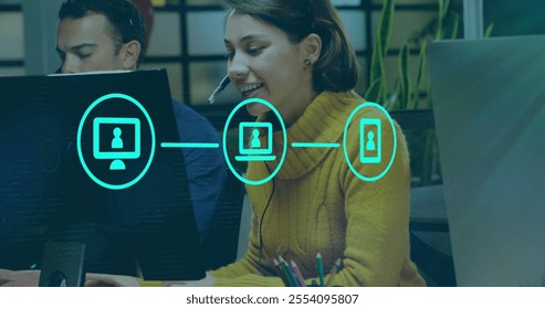 Image of connections with icons over diverse business people using phone headsets. Global finance, business, connections, computing and data processing concept digitally generated image. - Powered by Shutterstock