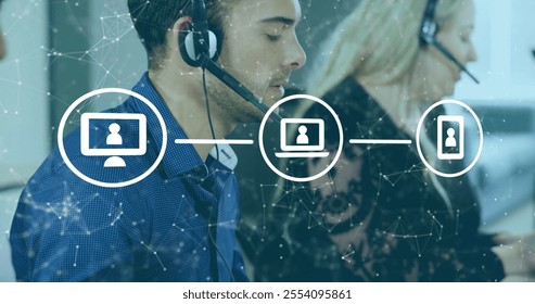 Image of connections with icons over diverse business people using phone headsets. Global finance, business, connections, computing and data processing concept digitally generated image. - Powered by Shutterstock