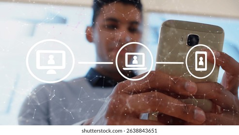 Image of connections with icons over man using smartphone. Connections, networks, data processing and technology concept digitally generated image.