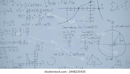 Image of connections and math formulas on grey background. Math, geometry, educations, numbers, digital space and technology concept digitally generated image.