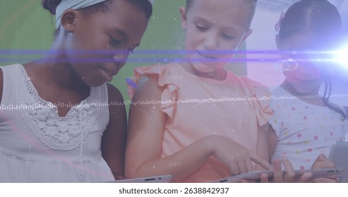 Image of connections and mathematical equations over schoolchildren in classroom. Global business connections and communication concept digitally generated image.