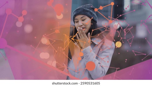 Image of connections over biracial woman using tablet. Global connections, cloud computing and data processing concept digitally generated image.