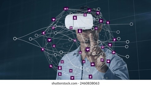 Image of connections over caucasian man in vr headset and digital padlock. Data processing,internet security and technology concept digitally generated image. - Powered by Shutterstock