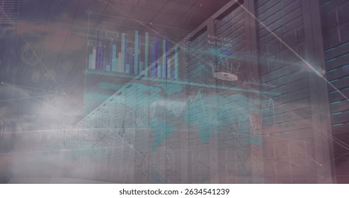 Image of connections over servers. Network, connections, communication, data processing and technology concept digitally generated image.