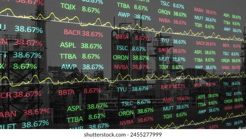 Image of construction site, financial data processing and statistics. global development, business, digital interface and data processing concept digitally generated image.