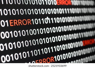 The image contains binary code lines with the words "ERROR" in red and "AI" in green. The contrast of colors indicates technological issues (error) alongside advancements in artificial intelligence 