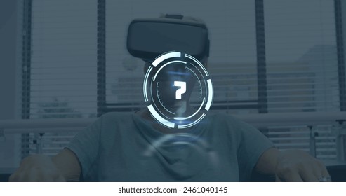 Image of countdown in circle over senior caucasiaan woman gesturing using vr headset at home. Digital composite, multiple exposure, timer, retirement, creative, futuristic and modern technology.