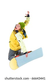 Image of courageous guy jumping on snowboard in the air