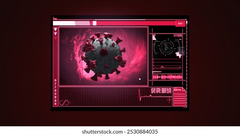 Image of covid 19 cell and medical data processing on screens. global covid 19 pandemic, medicine, research, technology, data processing and digital interface concept digitally generated image.